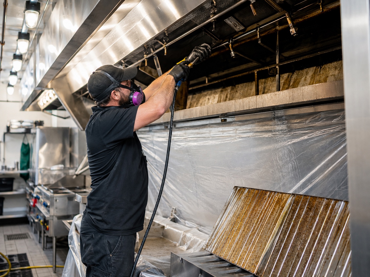 Technician cleaning a commercial kitchen exhaust hood during service