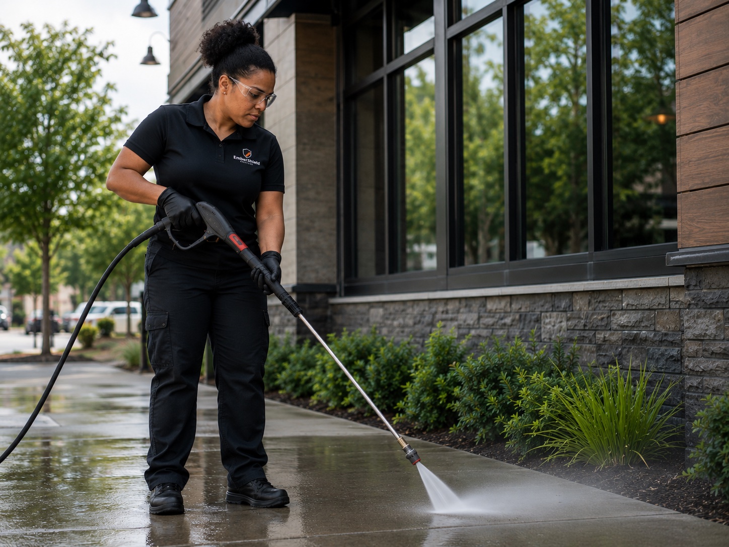 EmberShield technician power washing a commercial walkway