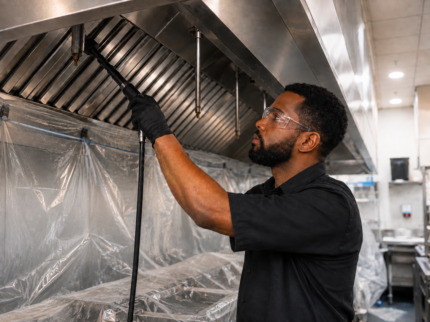 EmberShield technician cleaning a commercial kitchen hood system